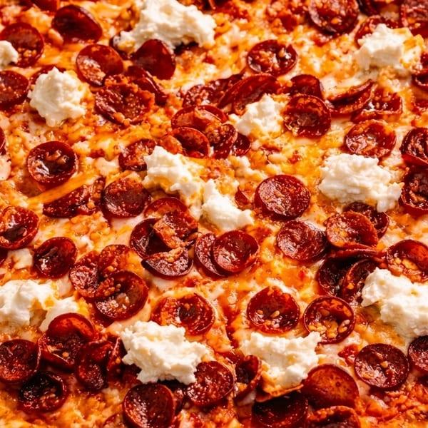 Close-up of a pepperoni pizza with dollops of ricotta cheese and a golden-brown crust.