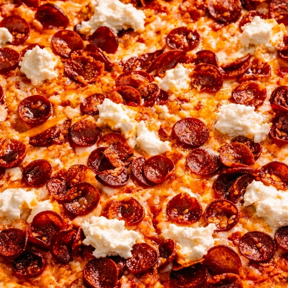 Close-up of a pepperoni pizza with dollops of ricotta cheese and a golden-brown crust.