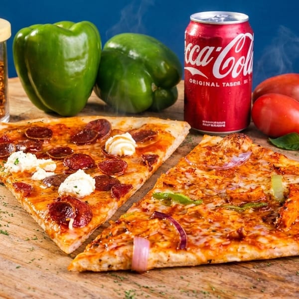 Two pizza slices, a Coca-Cola can, green peppers, tomatoes, and chili flakes on a wooden board.