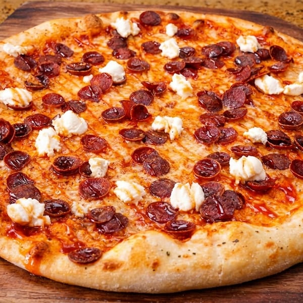 A whole pepperoni and ricotta cheese pizza on a wooden pizza peel, ready to be served.