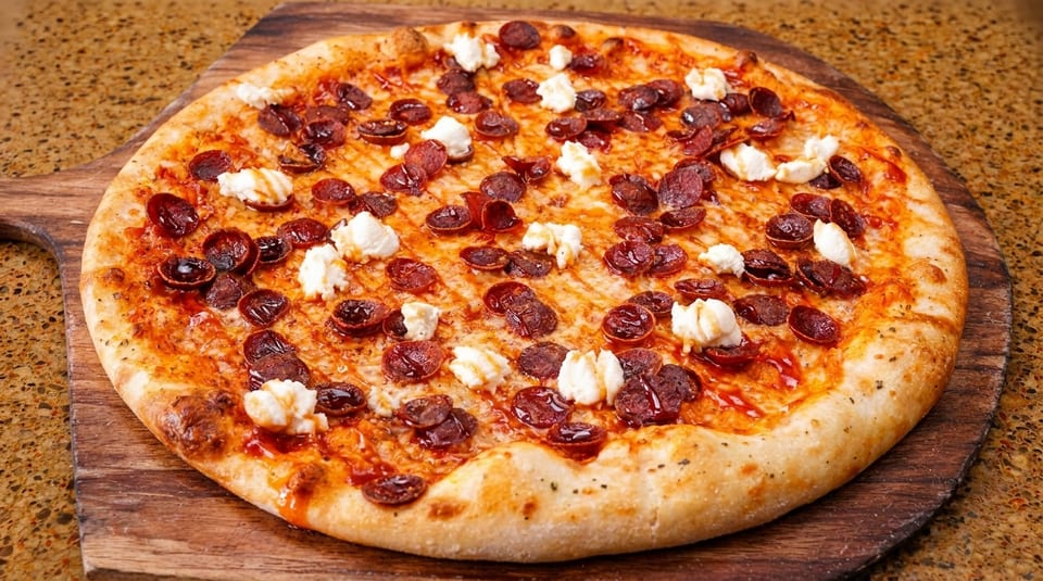 A whole pepperoni and ricotta cheese pizza on a wooden pizza peel, ready to be served.