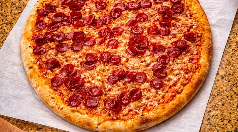A whole pepperoni pizza with a golden crust, melted cheese, and many small pepperoni slices.
