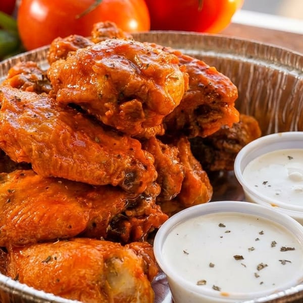 Spicy chicken wings in a foil container with two cups of ranch dressing and fresh vegetables.