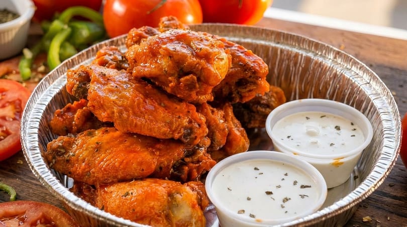 Spicy chicken wings in a foil container with two cups of ranch dressing and fresh vegetables.