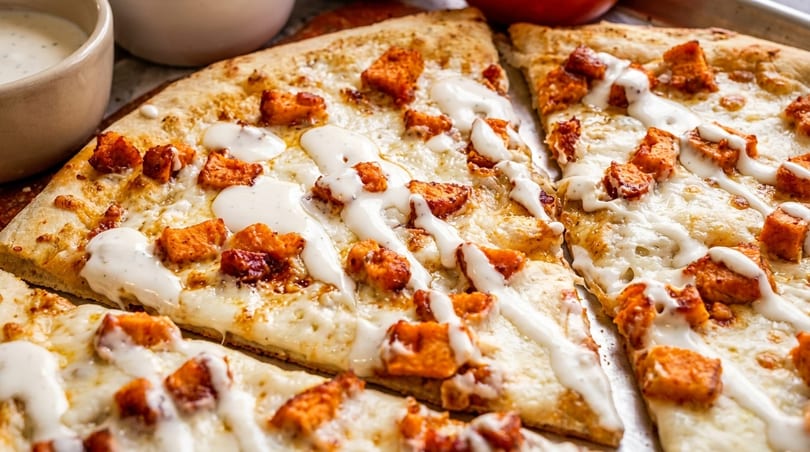 Close-up of buffalo chicken pizza slices with ranch dressing drizzle, next to a small bowl of ranch.
