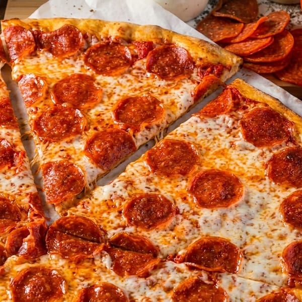 Close-up of a freshly baked pepperoni pizza with melted cheese, sliced and ready to eat.