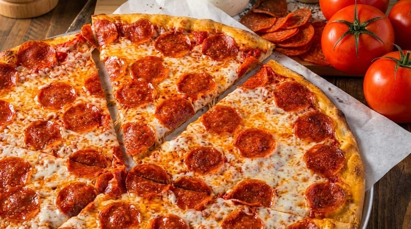 Close-up of a freshly baked pepperoni pizza with melted cheese, sliced and ready to eat.